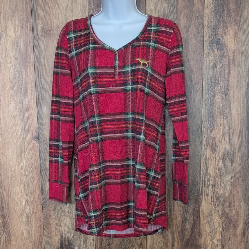 PINK Victoria's Secret Red Plaid Long Sleeve Knit Pajama Top M              F134